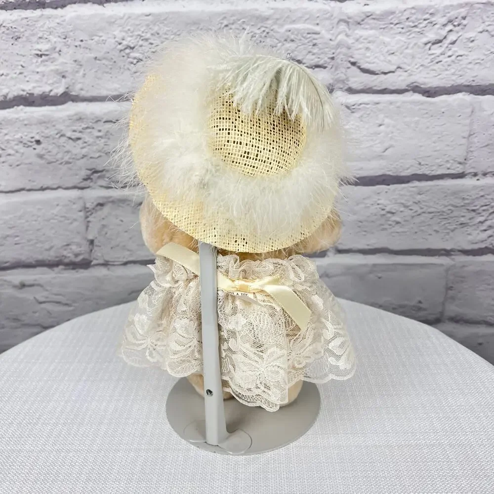Country Cozy's Born to Shop Vintage 90s Jointed Bear Lace Dress Feather Hat 12